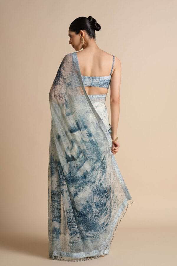 Morava Sequin Chiffon Saree - Powder Blue - Image 2
