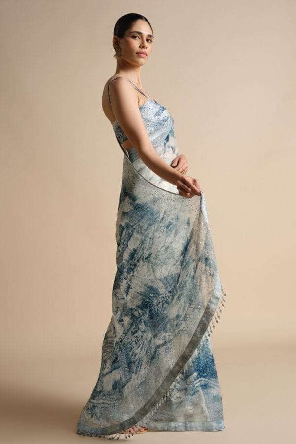 Morava Sequin Chiffon Saree - Powder Blue - Image 4