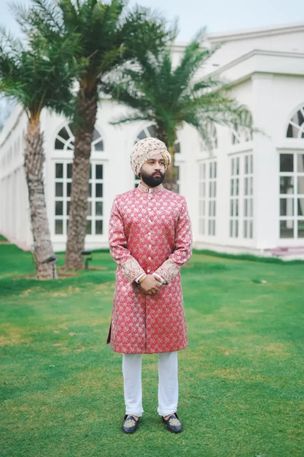 Self Brocade Red Achkan