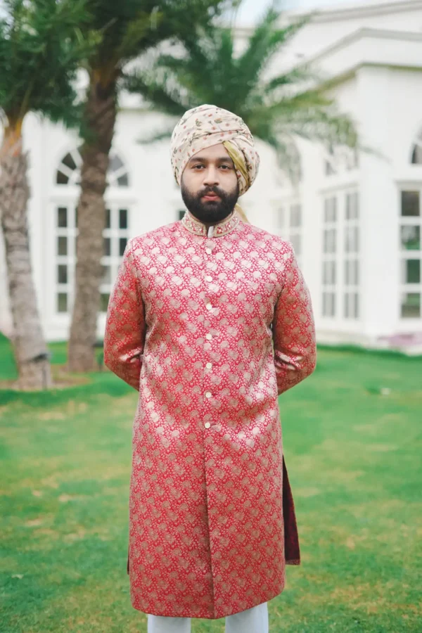 Self Brocade Red Achkan - Image 2