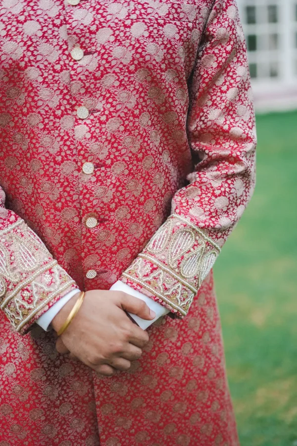 Self Brocade Red Achkan - Image 4