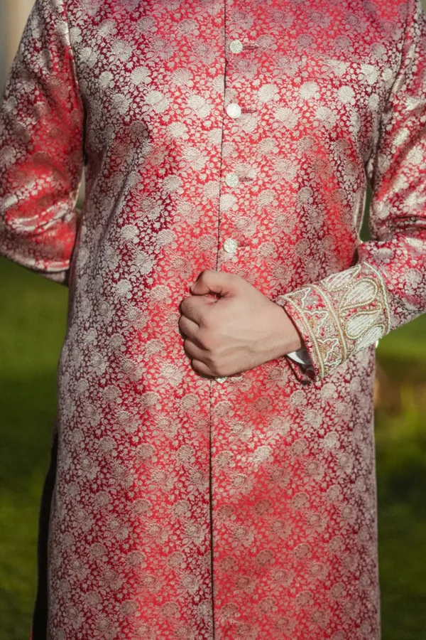 Self Brocade Red Achkan - Image 3
