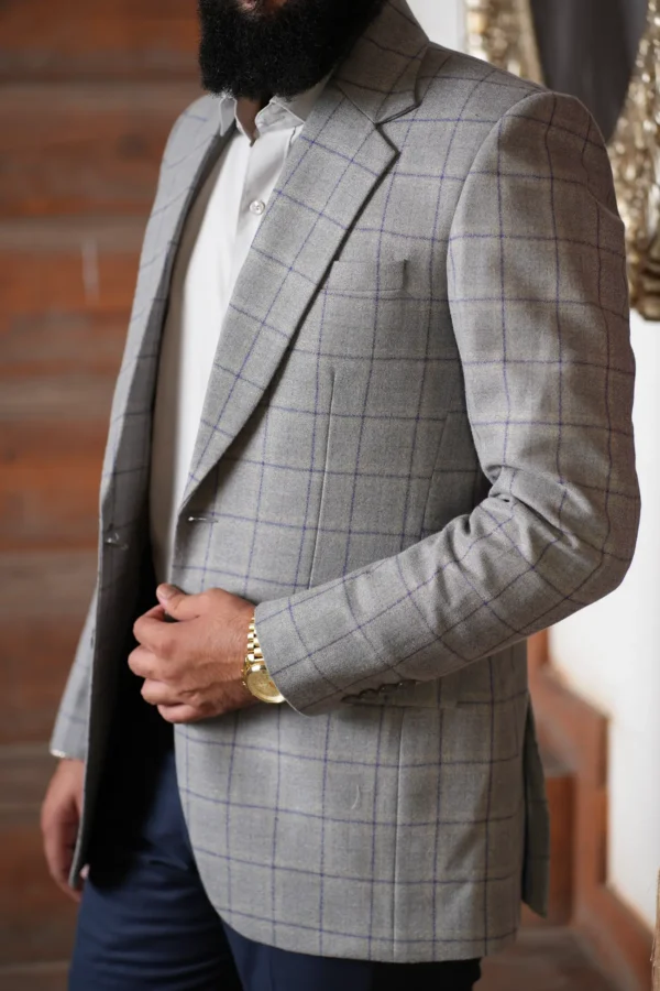Solid Grey with Blue Checks Blazer - Image 2