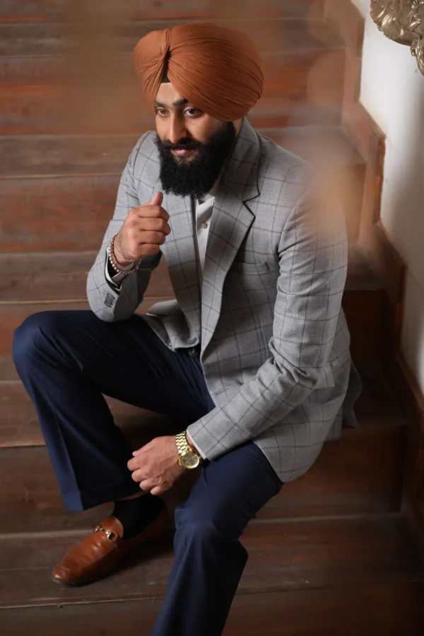 Solid Grey with Blue Checks Blazer - Image 3