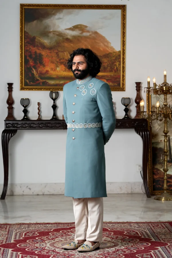 Royal Mughar Crest Blue Achkan - Image 3