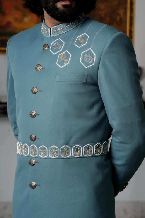 Royal Mughar Crest Blue Achkan - Image 2