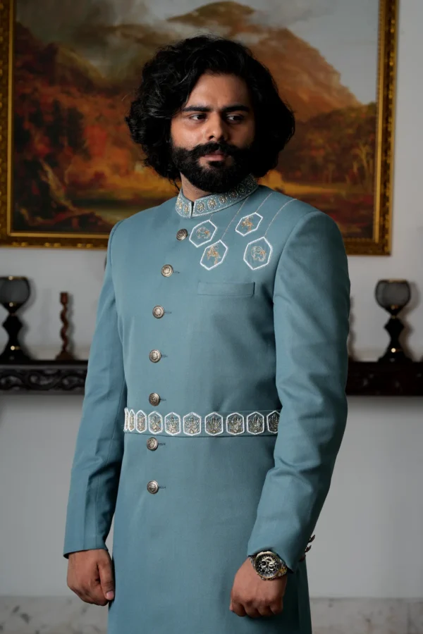 Royal Mughar Crest Blue Achkan