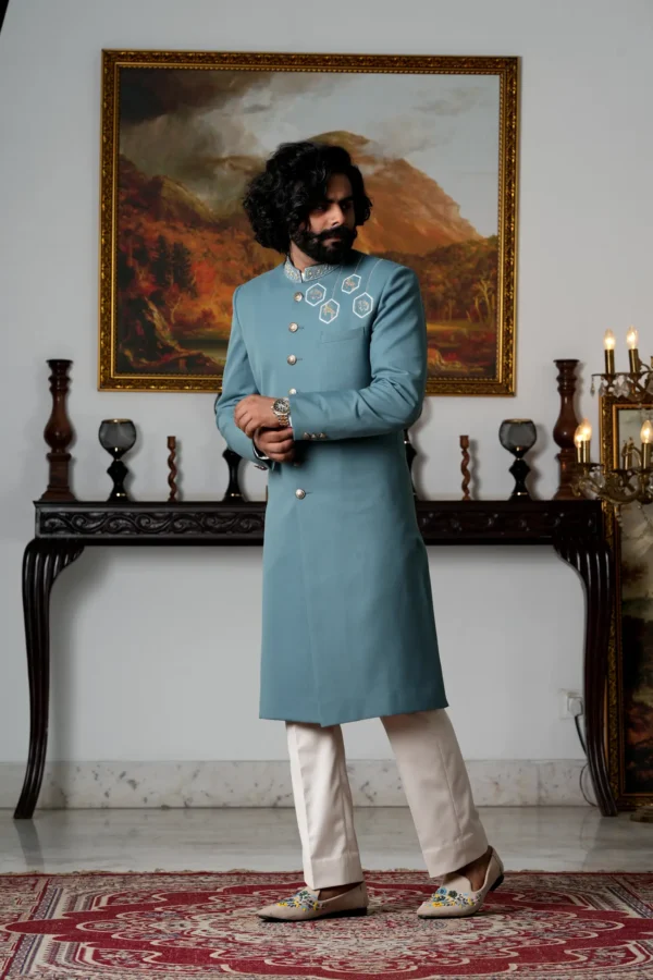 Royal Mughar Crest Blue Achkan - Image 4