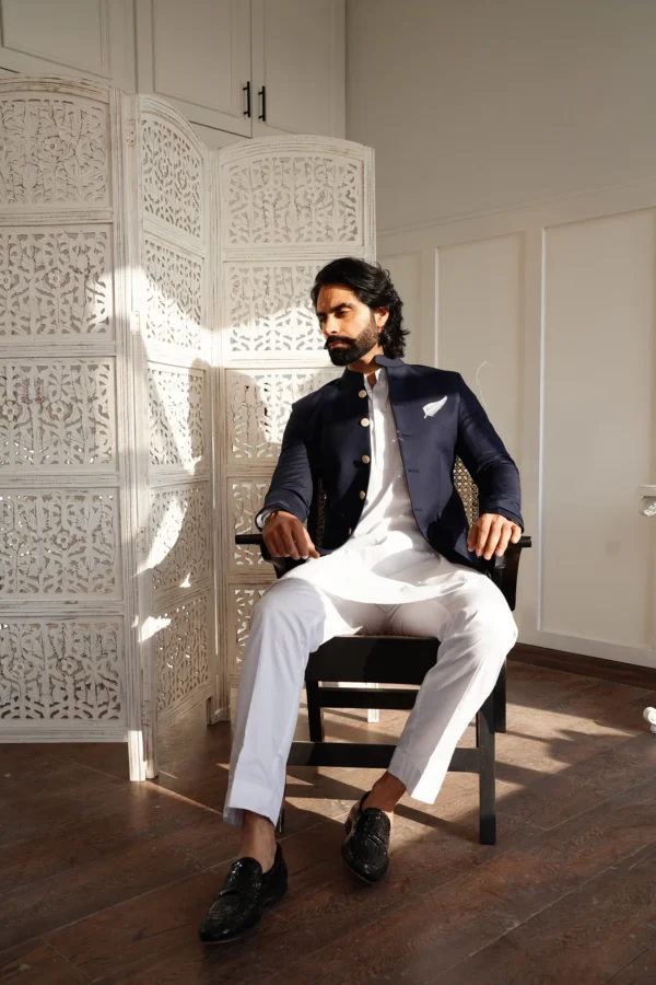 Navy Blue Bandhagala with custom logo on chest (with Kurta-pants) - Image 5