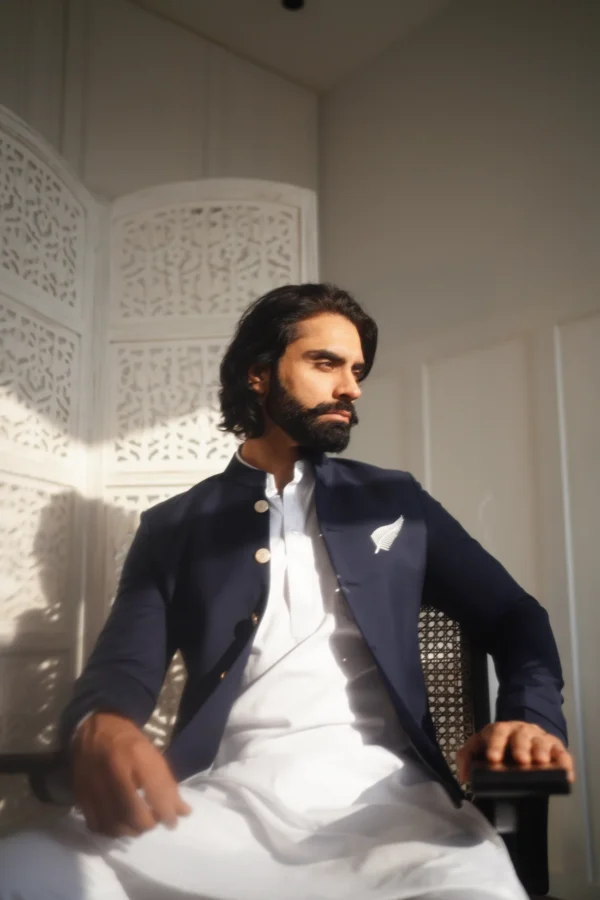 Navy Blue Bandhagala with custom logo on chest (with Kurta-pants) - Image 6